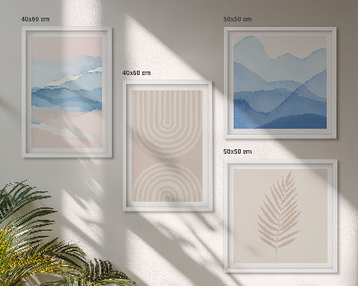 Set of 4 wall art pieces Leaves waves beige blue