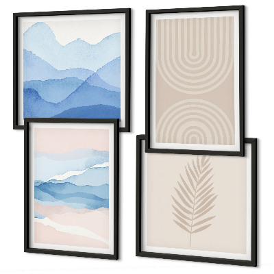 Set of 4 wall art pieces Leaves waves beige blue