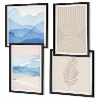 Set of 4 wall art pieces with beige and blue leaves and waves design
