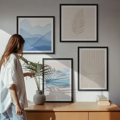 Set of 4 wall art pieces with beige and blue leaves and waves design