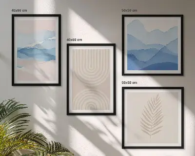 Set of 4 wall art pieces with beige and blue leaves and waves design