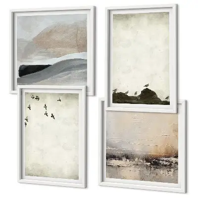 Birds, rocks, and brush strokes wall art set set of 4 pieces