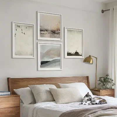 Birds, rocks, and brush strokes wall art set set of 4 pieces