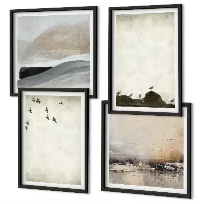 Birds, rocks, and brush strokes wall art set set of 4 pieces