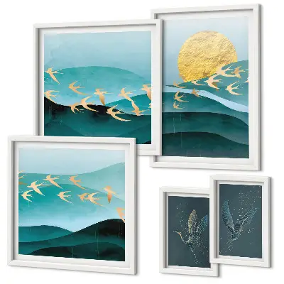Set of 5 wall art pieces The harmony of birds and waves in a modern way