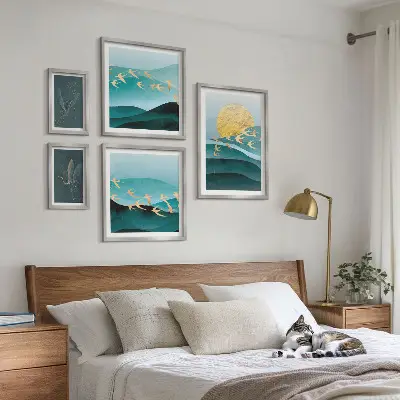 Set of 5 wall art pieces The harmony of birds and waves in a modern way