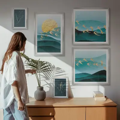 Set of 5 wall art pieces The harmony of birds and waves in a modern way