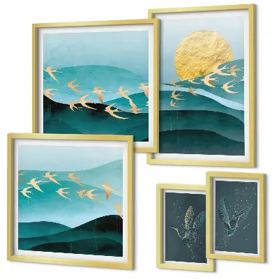 Set of 5 wall art pieces the harmony of birds and waves in a modern style