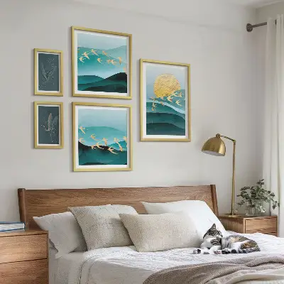 Set of 5 wall art pieces the harmony of birds and waves in a modern style