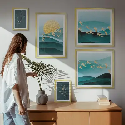 Set of 5 wall art pieces the harmony of birds and waves in a modern style