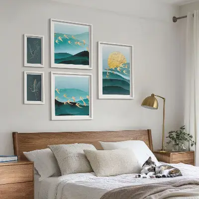 Set of 5 wall art pieces the harmony of birds and waves in a modern style