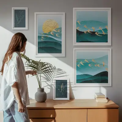 Set of 5 wall art pieces The harmony of birds and waves in a modern way