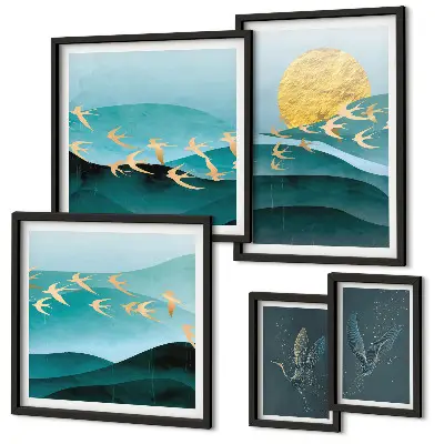 Set of 5 wall art pieces The harmony of birds and waves in a modern way