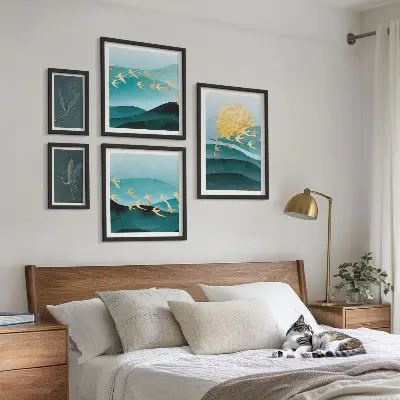 Set of 5 wall art pieces the harmony of birds and waves in a modern style