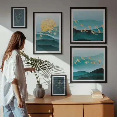 Set of 5 wall art pieces The harmony of birds and waves in a modern way