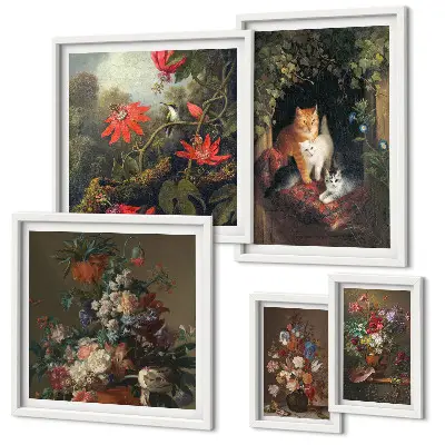 Floral cats vintage style framed photo set