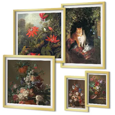Floral cats vintage style framed photo set