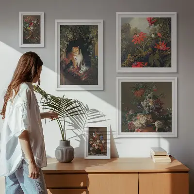 Framed photo set Floral cats vintage style