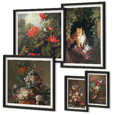 Framed photo set Floral cats vintage style