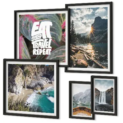 Set of 5 wall art pieces Landscapes of mountain waterfalls