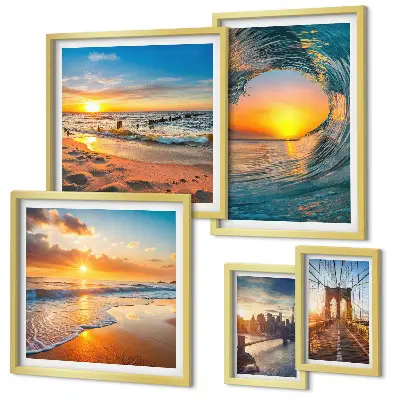 Set of 5 wall art pieces featuring sea sunsets and city bridges