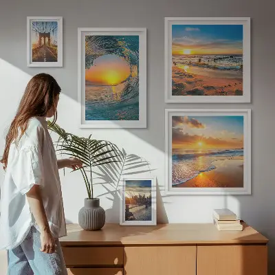 Set of 5 wall art pieces featuring sea sunsets and city bridges