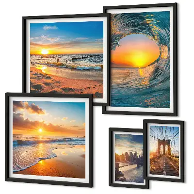Set of 5 wall art pieces featuring sea sunsets and city bridges