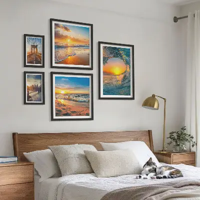 Set of 5 wall art pieces featuring sea sunsets and city bridges