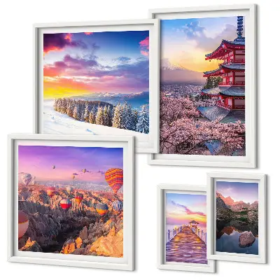 Asian mountains and flowers photo set framed