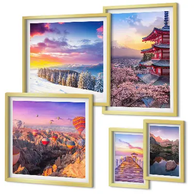 Asian mountains and flowers photo set framed