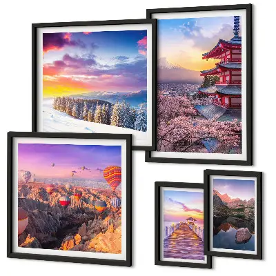 Asian mountains and flowers photo set framed