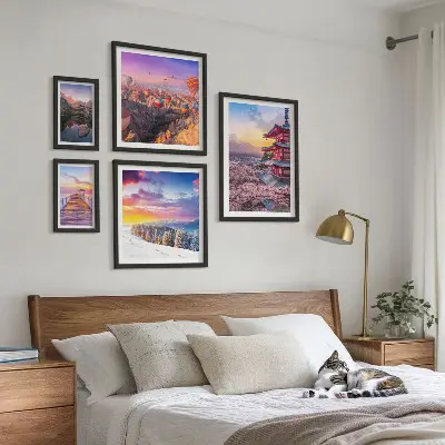 Asian mountains and flowers photo set framed