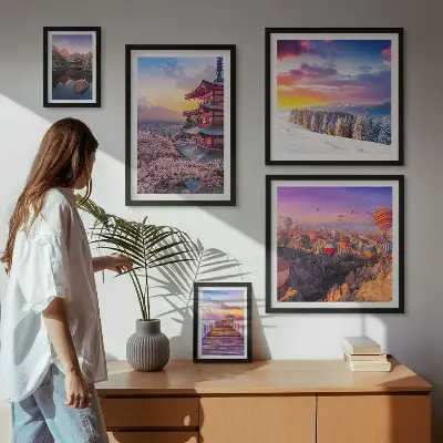 Framed photo set Asian mountains and flowers