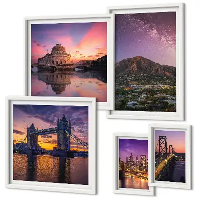 Set of 5 wall art pieces Landscapes of mountain cities at night