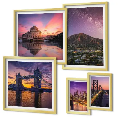 Set of 5 wall art pieces Landscapes of mountain cities at night