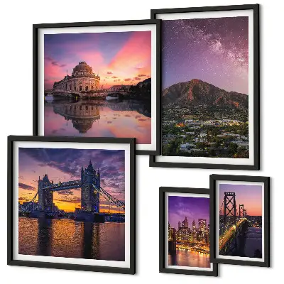 Set of 5 wall art pieces Landscapes of mountain cities at night