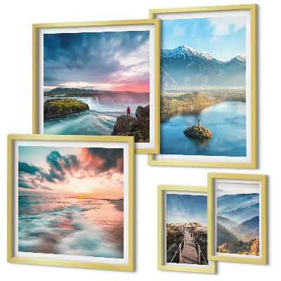 Set of 5 wall art pieces featuring mountain landscapes and waterfalls