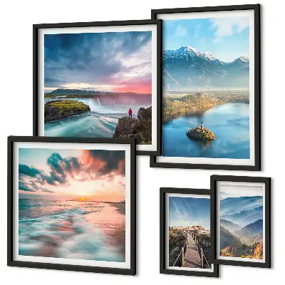 Set of 5 wall art pieces featuring mountain landscapes and waterfalls