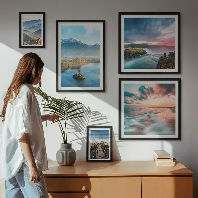 Set of 5 wall art pieces featuring mountain landscapes and waterfalls