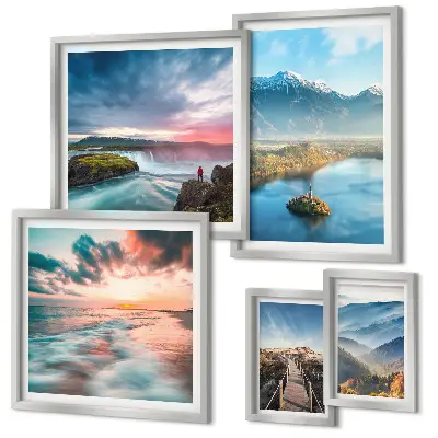 Set of 5 wall art pieces featuring mountain landscapes and waterfalls
