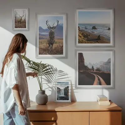 Gallery wall set featuring nature scenes with wild animals and landscapes