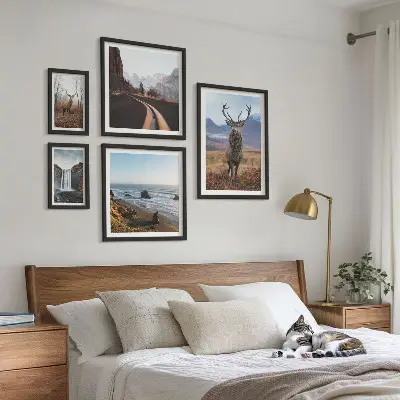 Gallery wall set featuring nature scenes with wild animals and landscapes