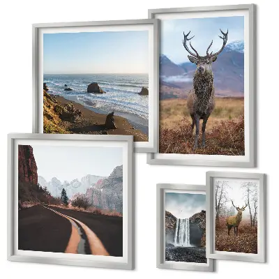 Gallery wall set featuring nature scenes with wild animals and landscapes