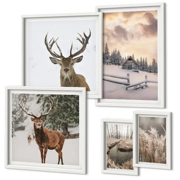 Set of 5 wall art pieces Winter landscapes with deer