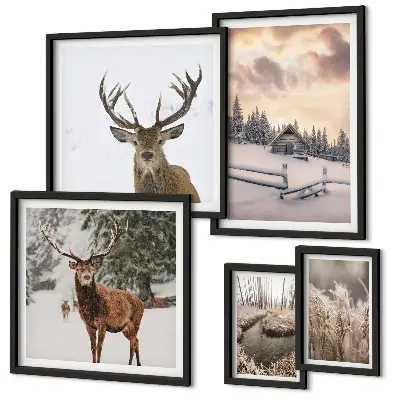 Set of 5 wall art pieces Winter landscapes with deer