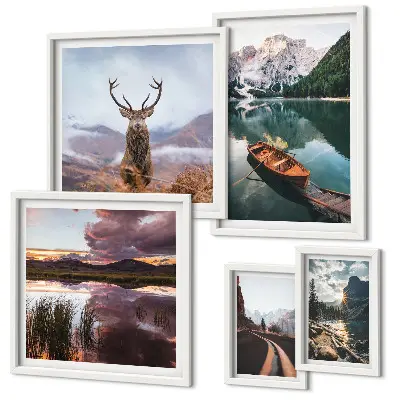 Gallery wall set landscapes of mountains and lakes