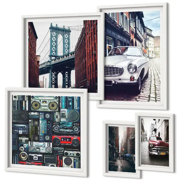 Framed photo set Stylish cars and street architecture