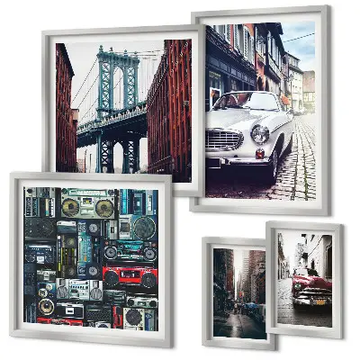 Framed photo set Stylish cars and street architecture