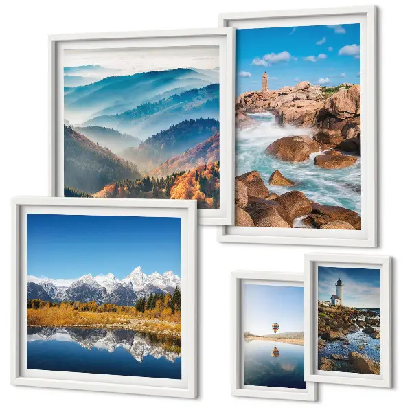 Set of 5 wall art pieces featuring natural mountains, sea, and lighthouses