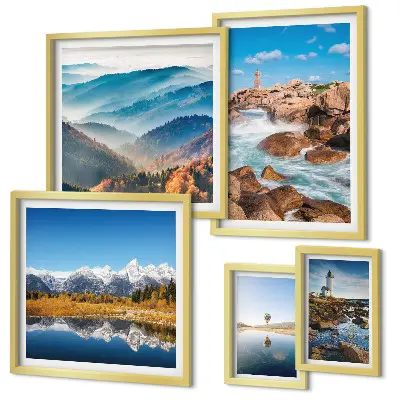 Set of 5 wall art pieces featuring natural mountains, sea, and lighthouses